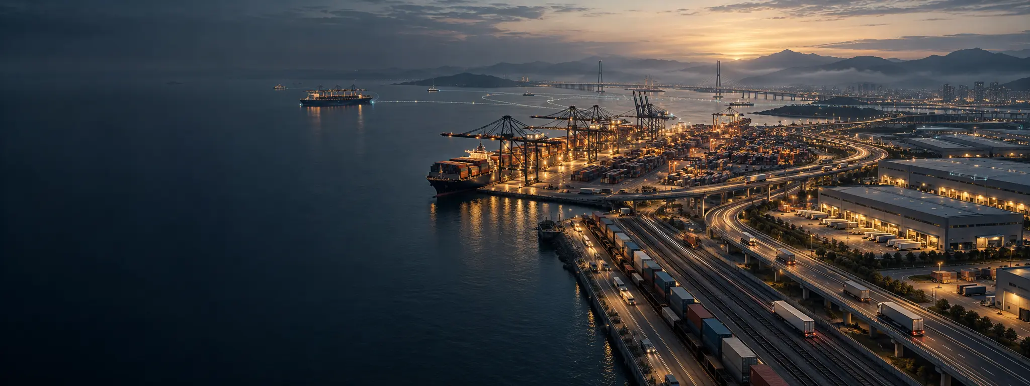 Aerial view of a connected port, rail, road and distribution network at dawn