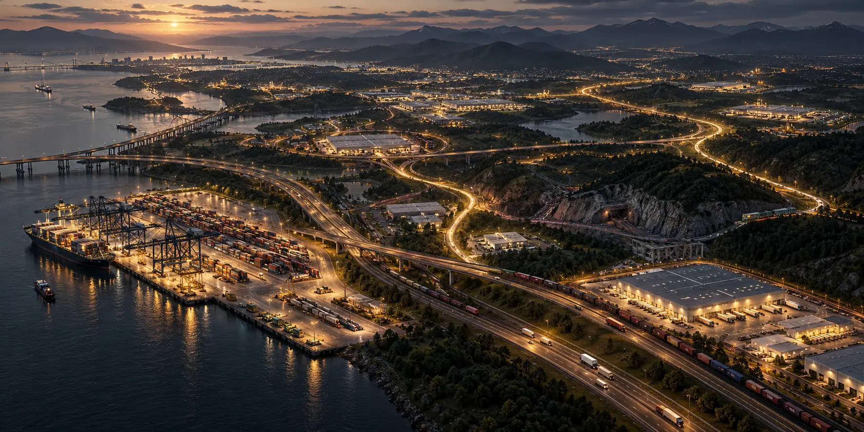 Multimodal transport network connecting a port, rail, road and distribution facilities