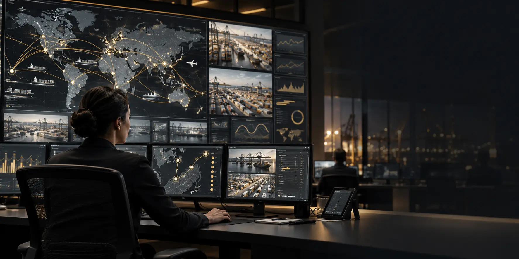 Operations specialist monitoring an integrated supply chain control environment